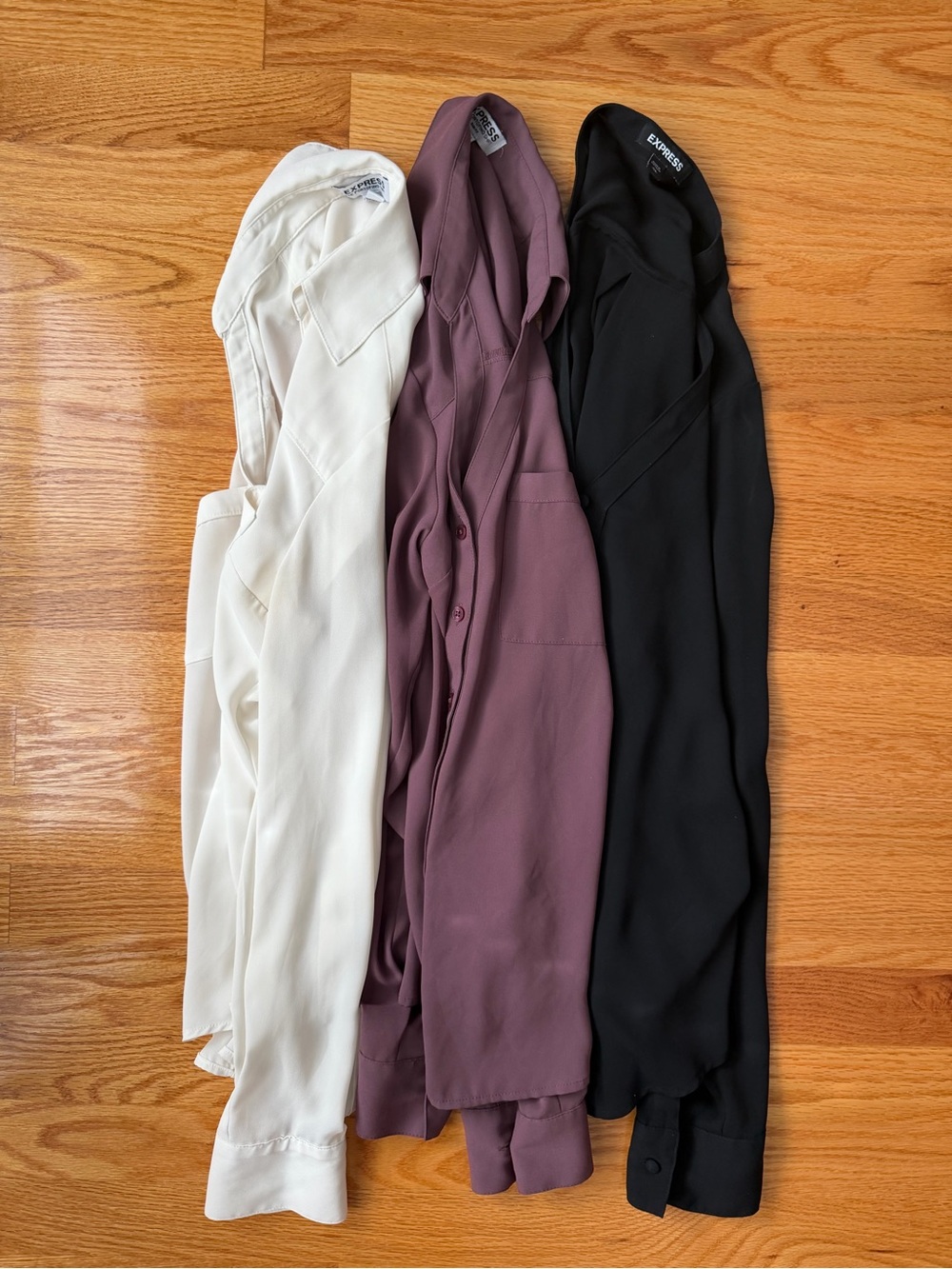 Express Trio Button-Front Blazers in Black, Mauve, and Ivory